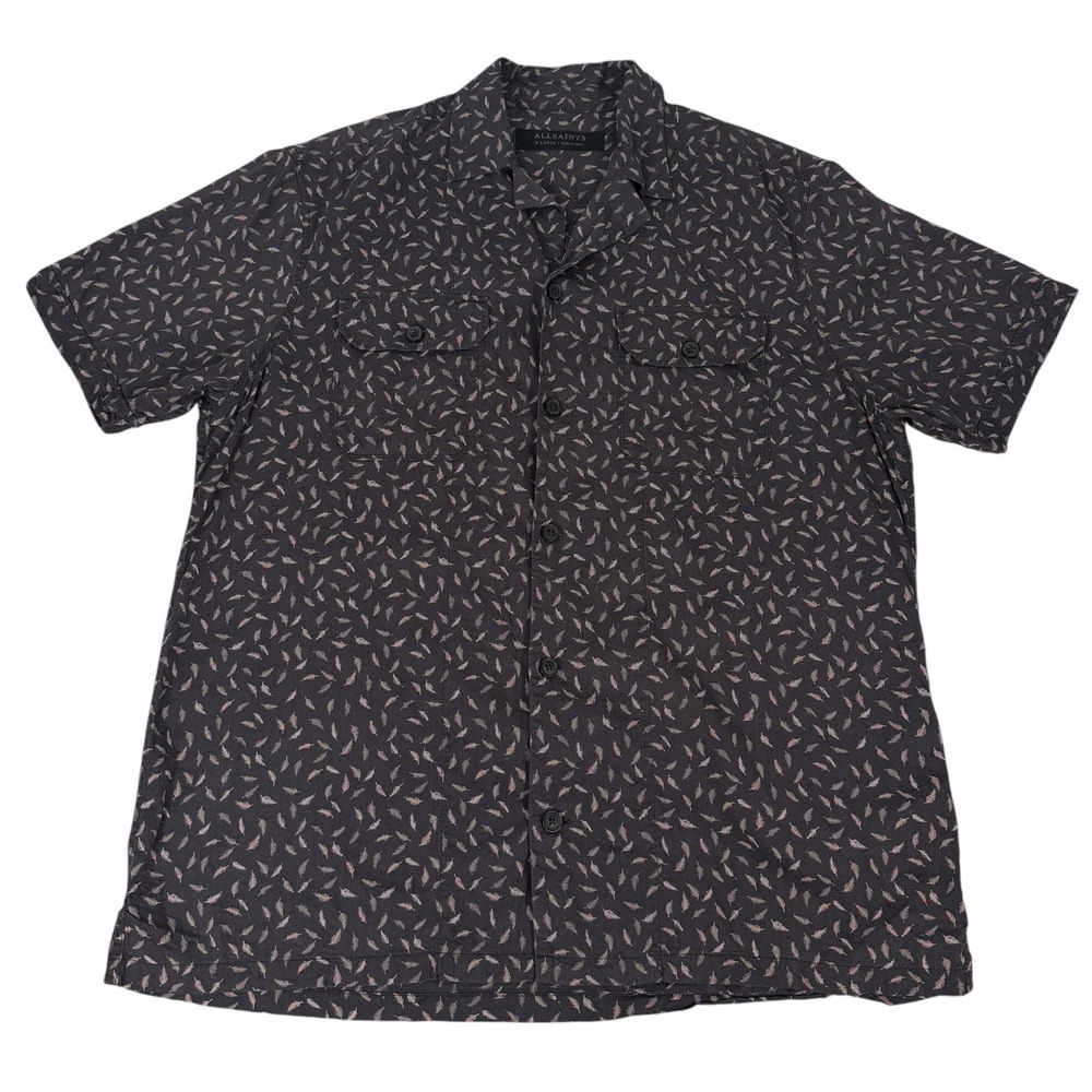 AllSaints Shirt Mens XL Black Feather Print Short Sleeve Camp Collar Button Down